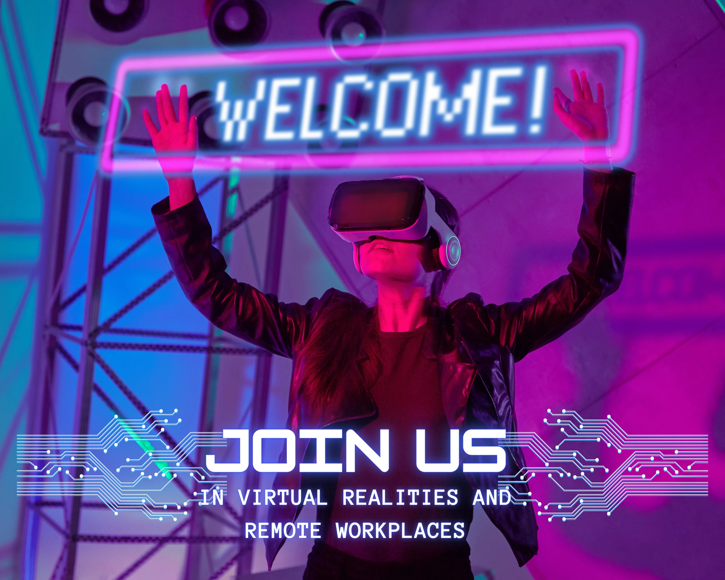 A woman wearing virtual reality glasses immersed in a virtual environment. Experience virtual reality technology with a female user exploring immersive digital worlds. Cutting-edge VR exploration and entertainment for enhanced user experiences.