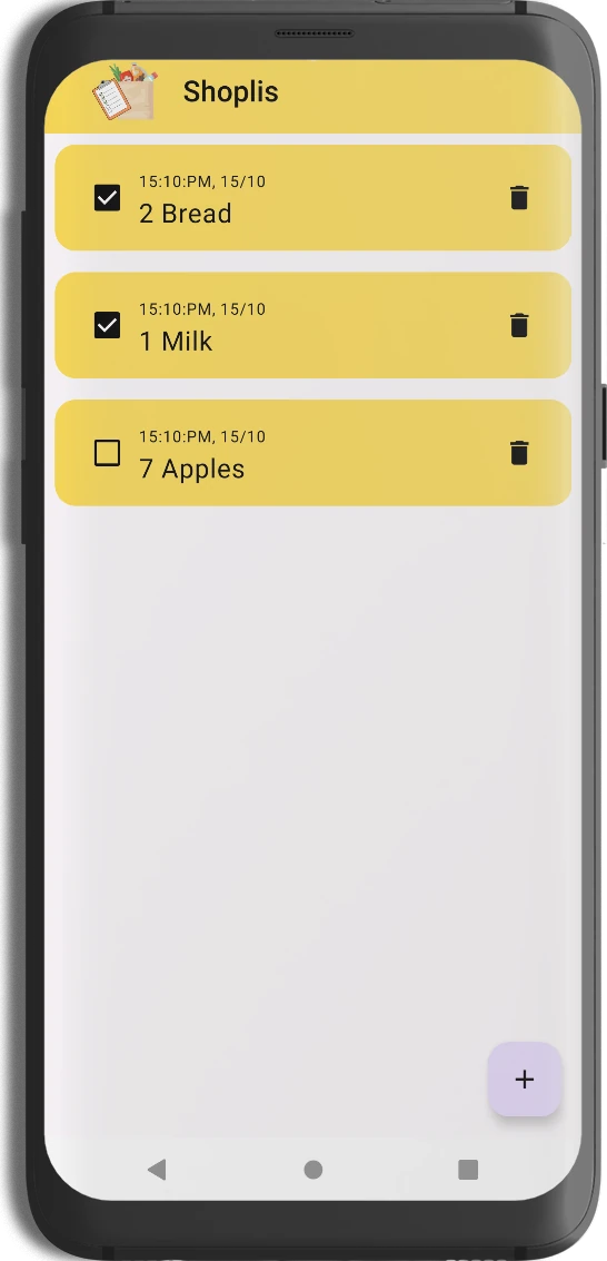 A shopping list with 3 items where some items are marked as purchased.