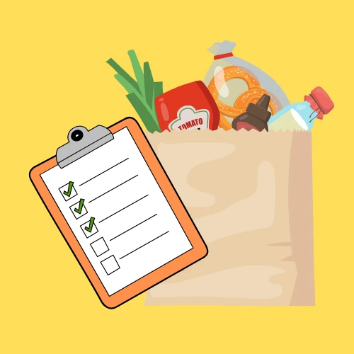 A shopping list in front of a shopping bag.
