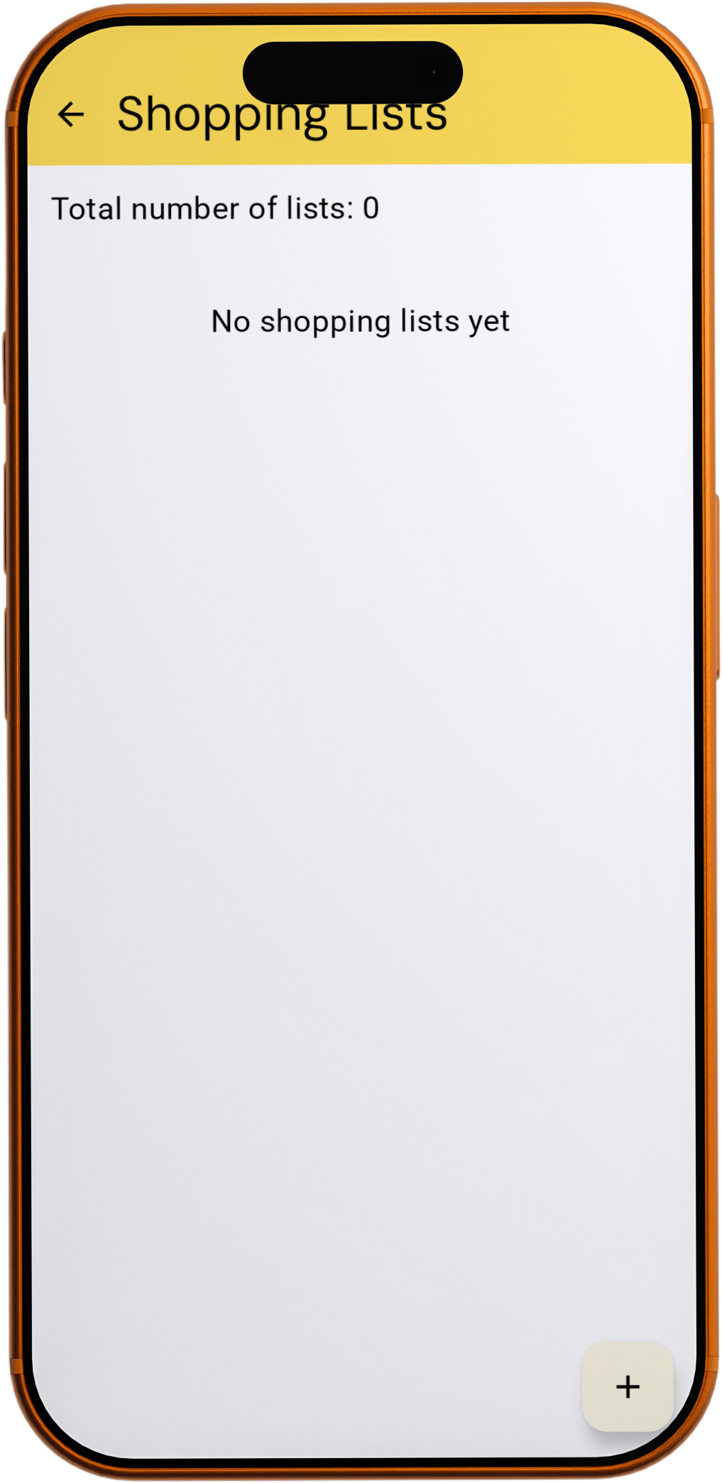 The main "Shopping Lists" screen of the Shoplis app displaying an empty state. The top app bar is yellow with a back arrow and the title "Shopping Lists". Below is the text "Total number of lists: 0". The center of the white screen displays "No shopping lists yet". A floating action button with a plus icon is in the bottom right corner.