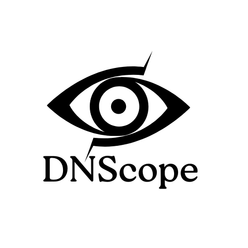 The black and white logo for "DNScope," featuring an stylized eye with a pupil at its center, and two sharp, lightning-bolt-like lines emanating from either side of the eye. The word "DNScope" is written in a serif font below the eye symbol.