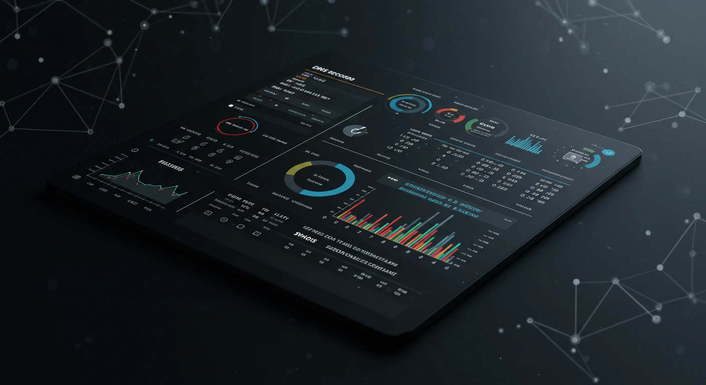 A close-up, high-angle shot of a sleek, dark tablet displaying a complex data dashboard titled "DNS RECORDS." The screen is filled with various charts, graphs, and metrics, including pie charts, bar graphs, and numerical data, all related to network or DNS information. The tablet is set against a dark, slightly textured background with faint glowing lines, suggesting a digital environment.