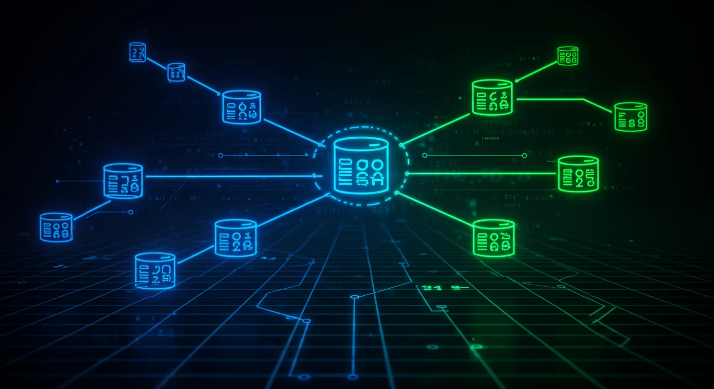A digital illustration of interconnected server racks or data clusters, with a central hub glowing with blue and green lines extending outwards to other data storage units. The lines illustrate data flow, with some connections being blue and others green, suggesting different types of networks or data paths.