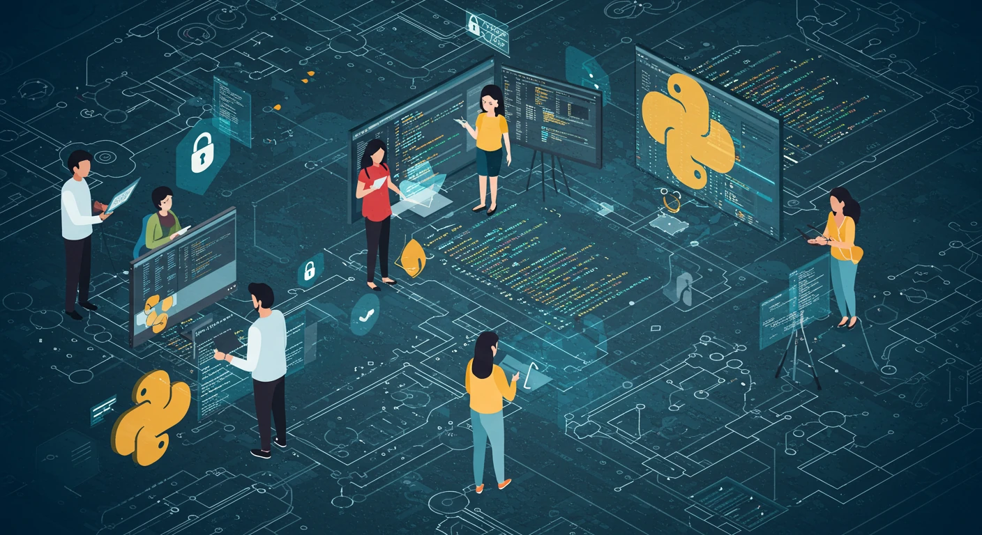 A vibrant, isometric illustration depicting various individuals interacting with screens displaying code and data, set within a grid-like, interconnected digital landscape. Several large Python logos are visible, suggesting a focus on programming or development. Security symbols like padlocks are also scattered throughout the scene.