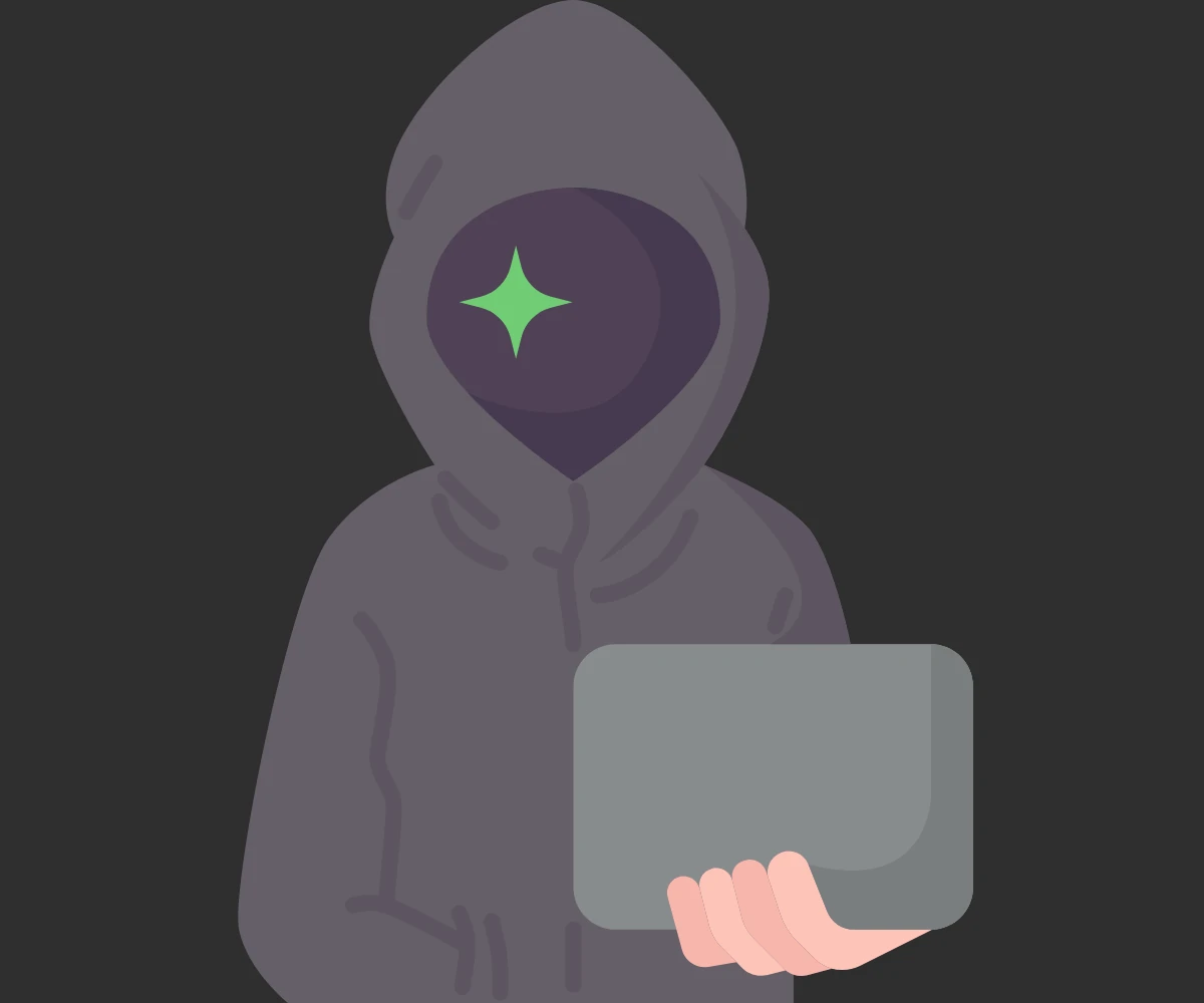 A hacker, whose face is hidden under his/her hoodie, is standing in front of a dark gray background with his/her laptop.