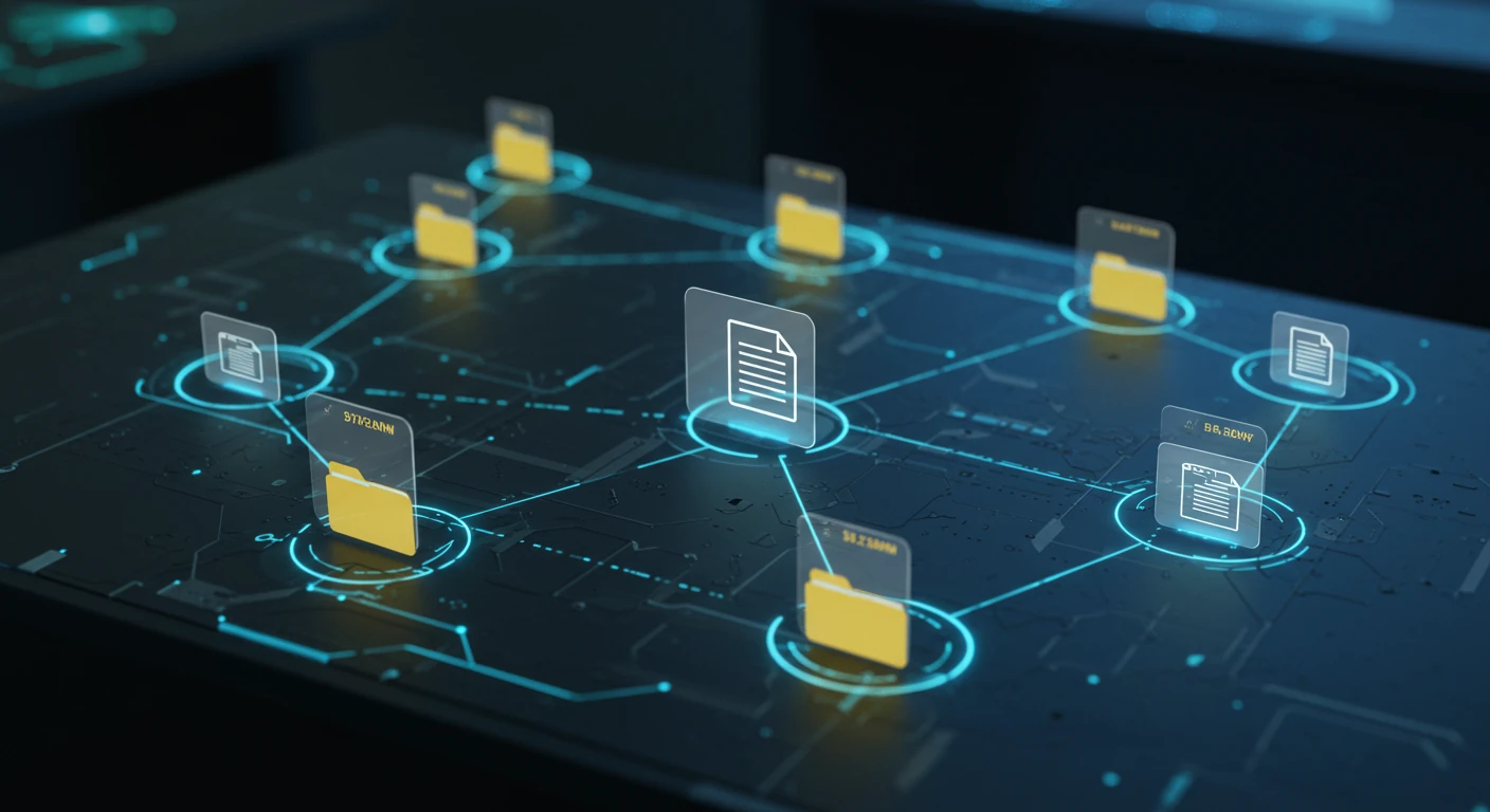 A digital representation of a networked data system, featuring a central document icon surrounded by several folder icons connected by glowing lines. The background is dark, enhancing the futuristic and technological feel of the image.