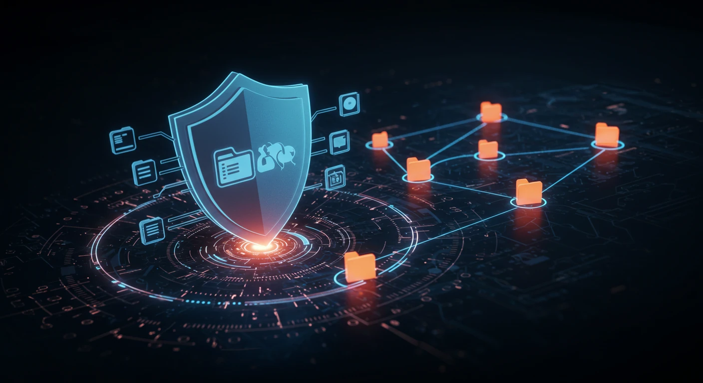 A digital representation of cybersecurity, featuring a glowing shield at the center surrounded by interconnected nodes. Each node is represented by an orange folder icon, symbolizing data storage. The background is dark with a futuristic circuit pattern, emphasizing a high-tech environment focused on data protection and network security.