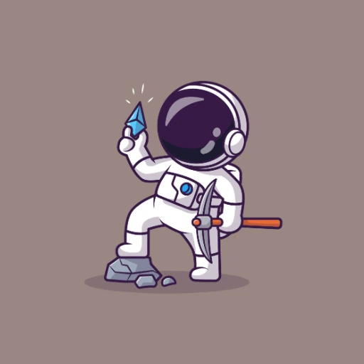 An adorable cartoon astronaut stands triumphantly on a rock, holding a sparkling blue crystal in one hand. Dressed in a classic white space suit with a round helmet, the astronaut also wields a sword in the other hand, suggesting a sense of adventure and exploration in a whimsical, colorful style. The background is a soft, muted brown, enhancing the playful nature of the scene.