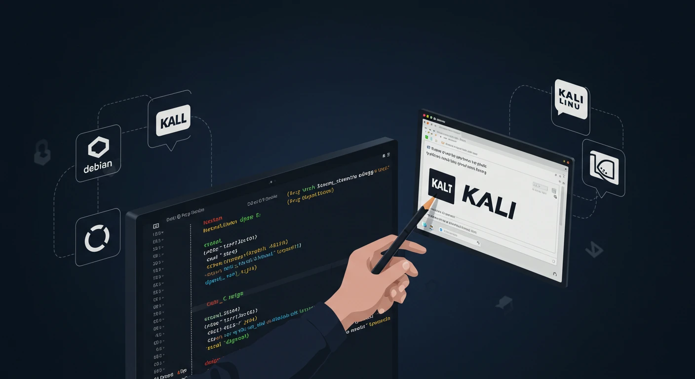 A digital illustration depicting a hand holding a pencil, poised to write on a computer screen displaying the word "KALI." Surrounding the screen are various icons representing cybersecurity and programming concepts, including code snippets and network symbols, all set against a dark background. The overall theme emphasizes technology and coding, particularly related to the Kali Linux operating system.