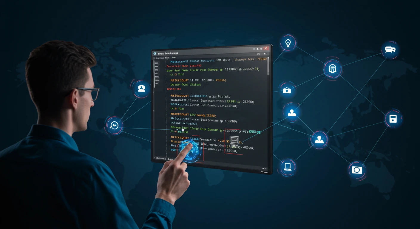 A young man in a blue shirt and glasses is interacting with a futuristic touchscreen display that shows lines of code. Behind him, a dark world map is illuminated with various icons representing technology and connectivity, such as computers, cars, and security symbols, all connected by glowing lines, suggesting a networked digital environment.