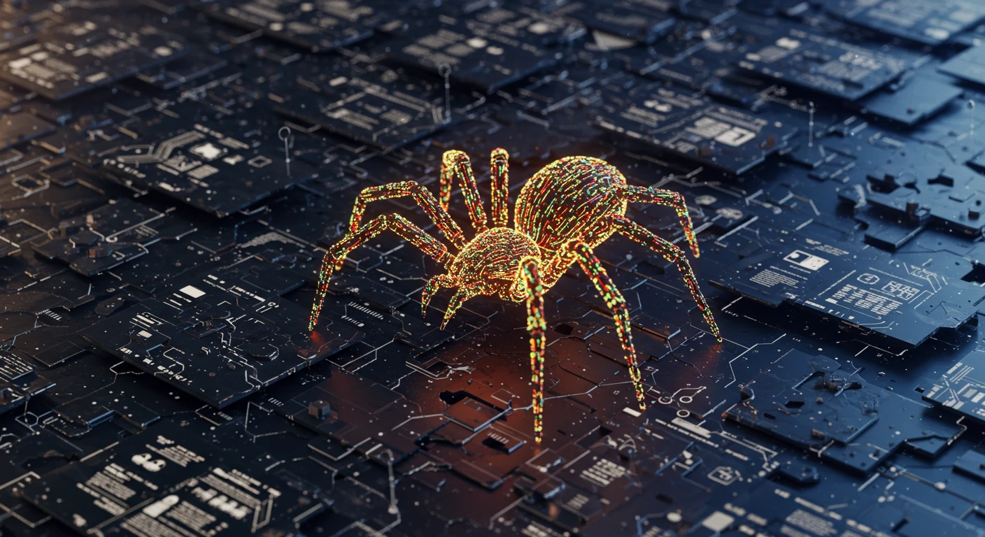 A glowing, digital spider is positioned on a dark, circuit board-like surface filled with intricate patterns and symbols. The spider's body is composed of luminous lines and shapes, creating a striking contrast against the black background, which features various technological elements.