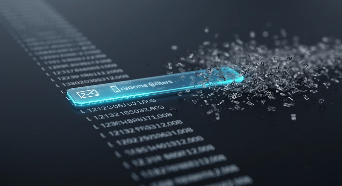 A digital interface displaying a glowing blue message icon, surrounded by a scattering of small, fragmented data elements. In the background, a series of numerical sequences are faintly visible, suggesting a data processing or communication theme.