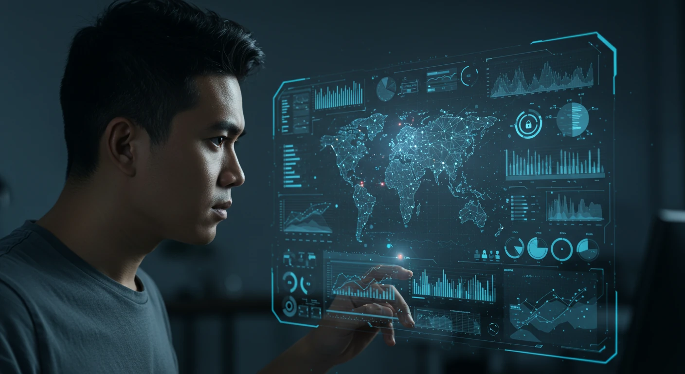 A focused young man interacts with a futuristic holographic display, showcasing a world map filled with data points and various analytical graphs. The dimly lit room emphasizes the glowing interface, highlighting the intricate details of the visual data as he navigates through it with his hand.