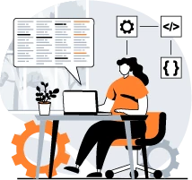 Illustration of a technical support specialist working on a laptop with coding elements, gears, and a plant in the background, representing software troubleshooting and IT assistance.