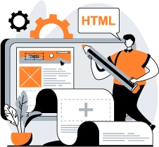 Illustration of a web developer holding a large pencil, designing a website on a screen with HTML elements, gears, and a plant in the background, symbolizing creative web development.